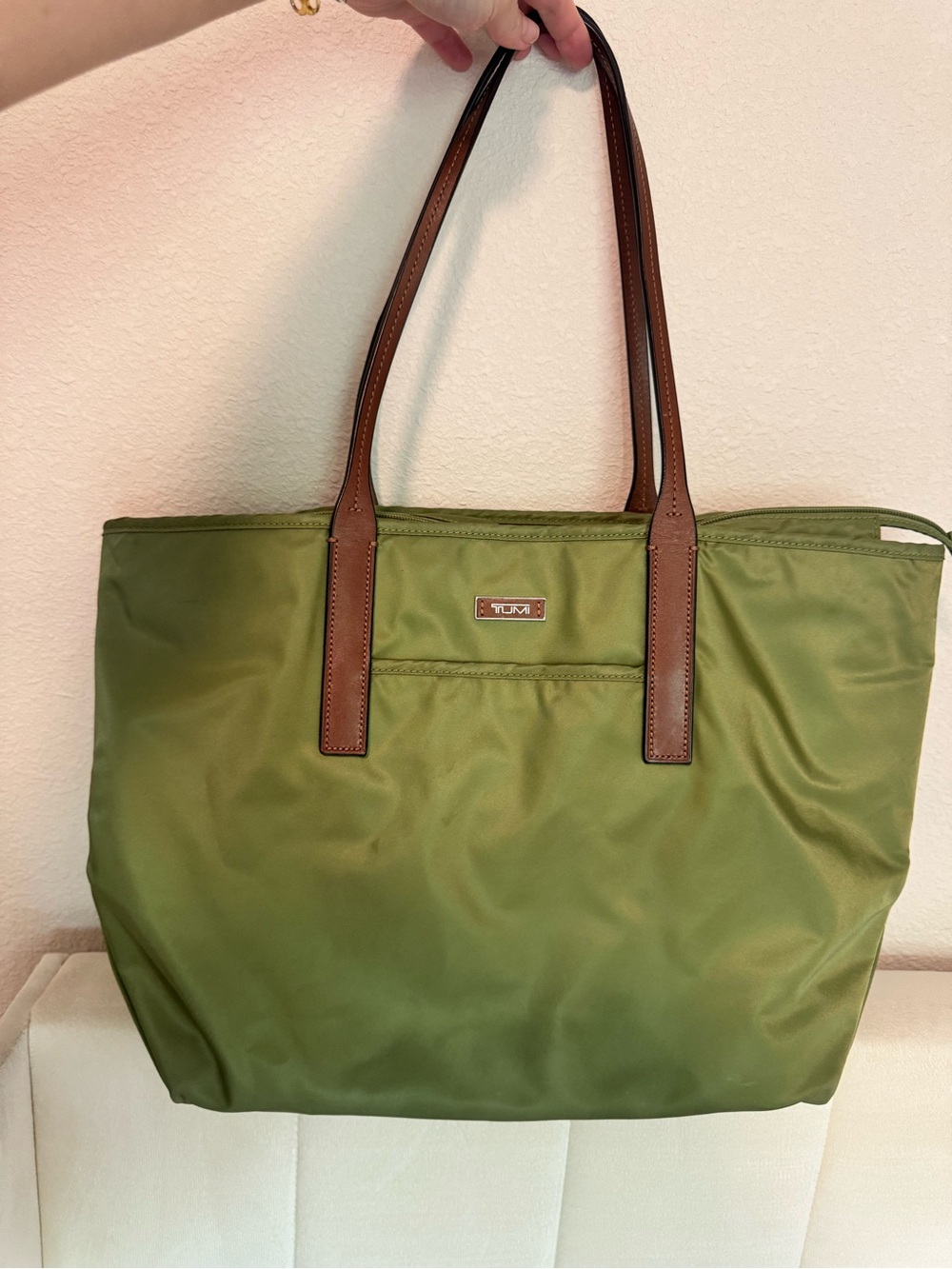 TUMI Olive Green Nylon Tote with Brown Leather Handles